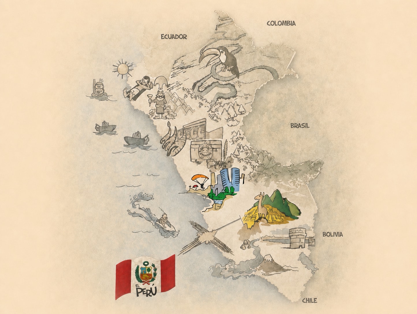 Illustrated map of Peru highlighting Cusco and Lima as destinations